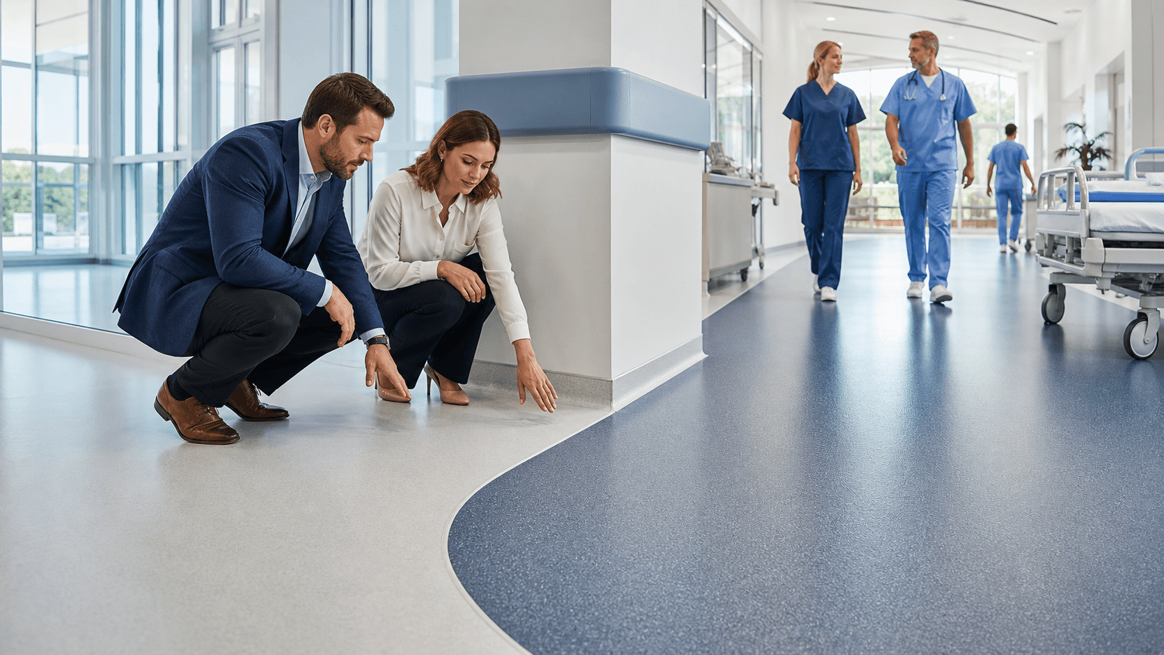 Bright hospital corridor with glossy blue-gray flooring, white walls, and overhead fluorescent lights.