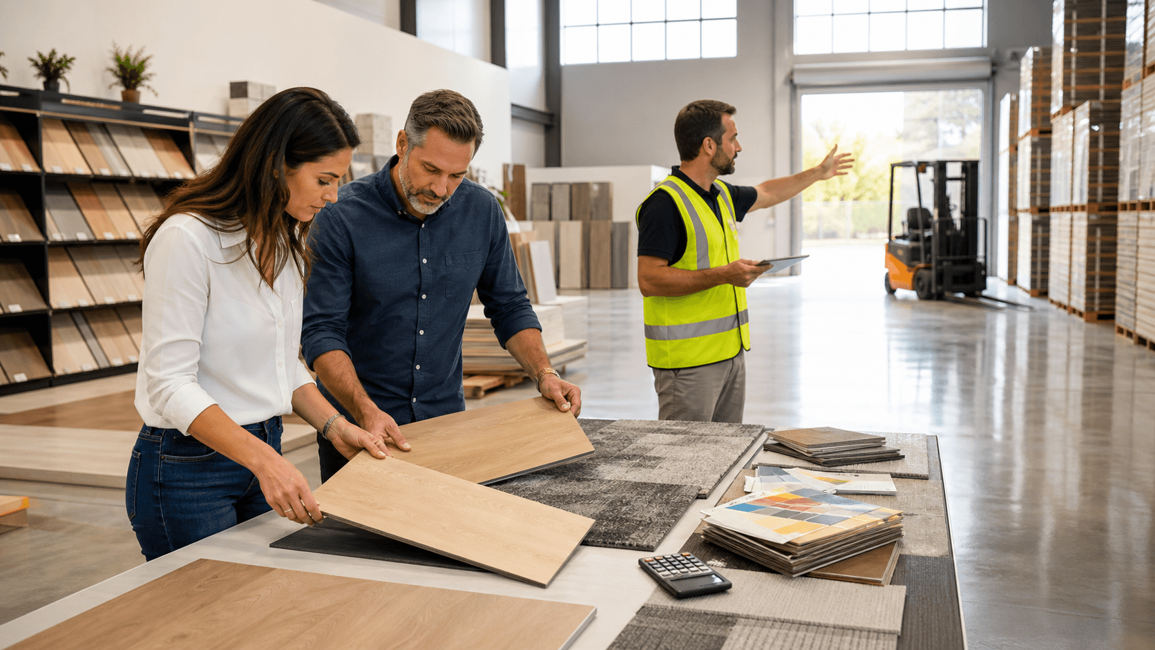 Contractor reviewing floor tile samples and cost sheet on a desk, warm light, blurred warehouse shelves behind