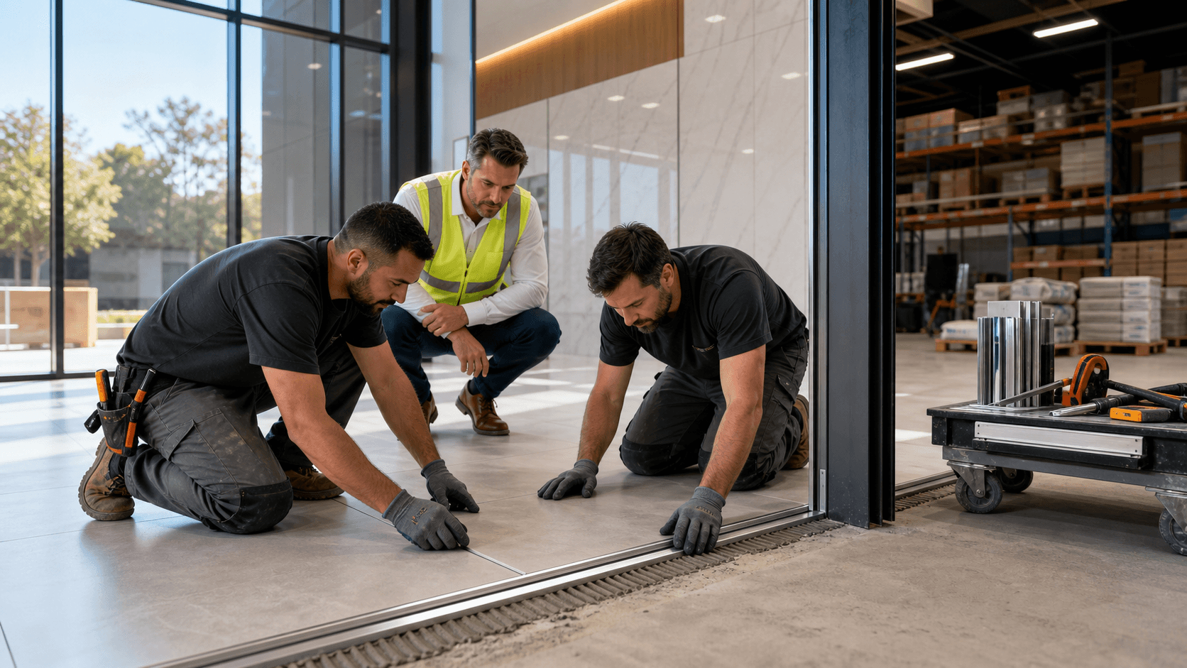 Sunlit modern commercial floor with gray tiles, metal edge trim profiles, and clean grout lines in a wide-angle view
