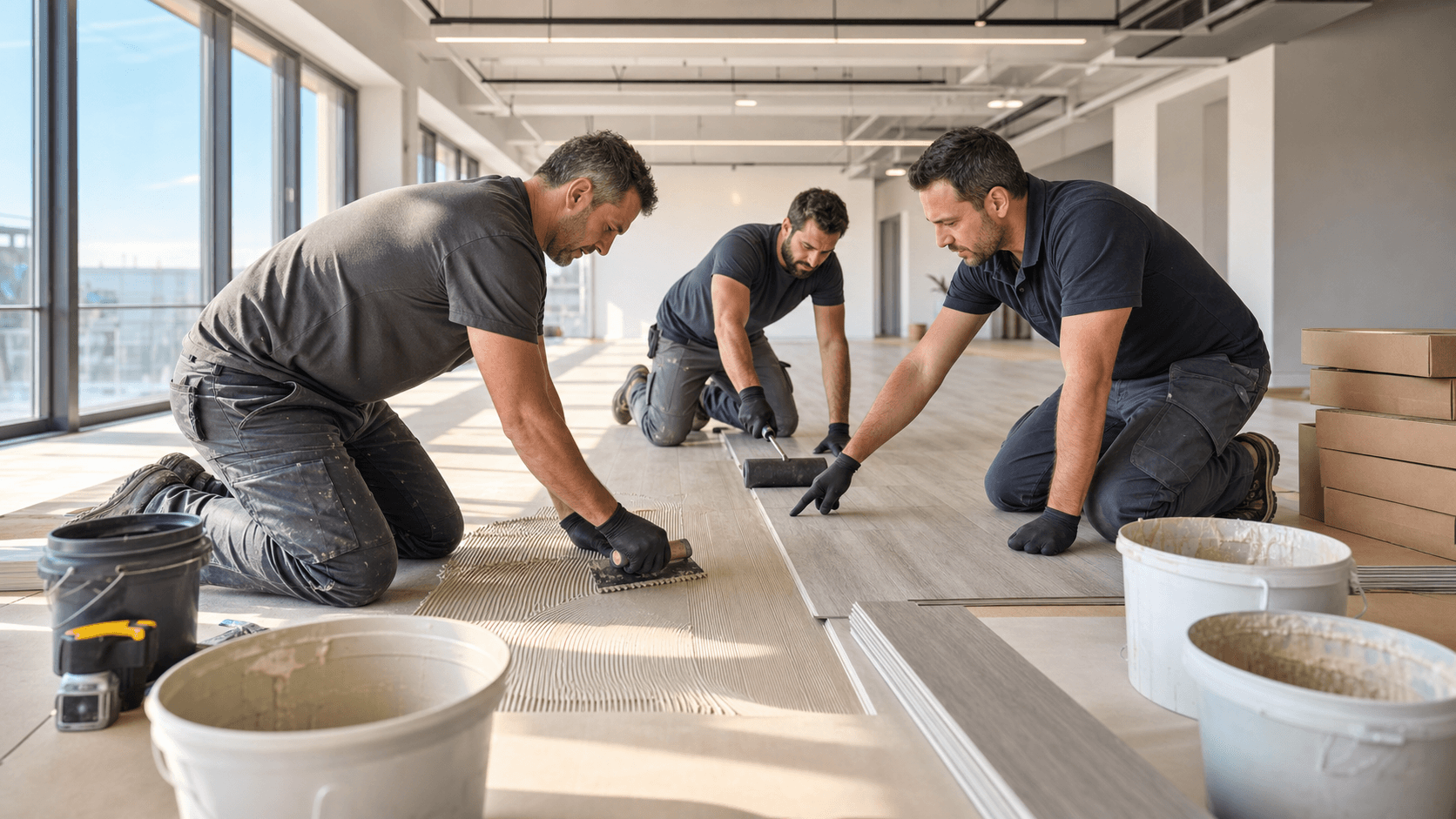 Worker kneels applying adhesive with a trowel on gray flooring tiles in a bright commercial interior.
