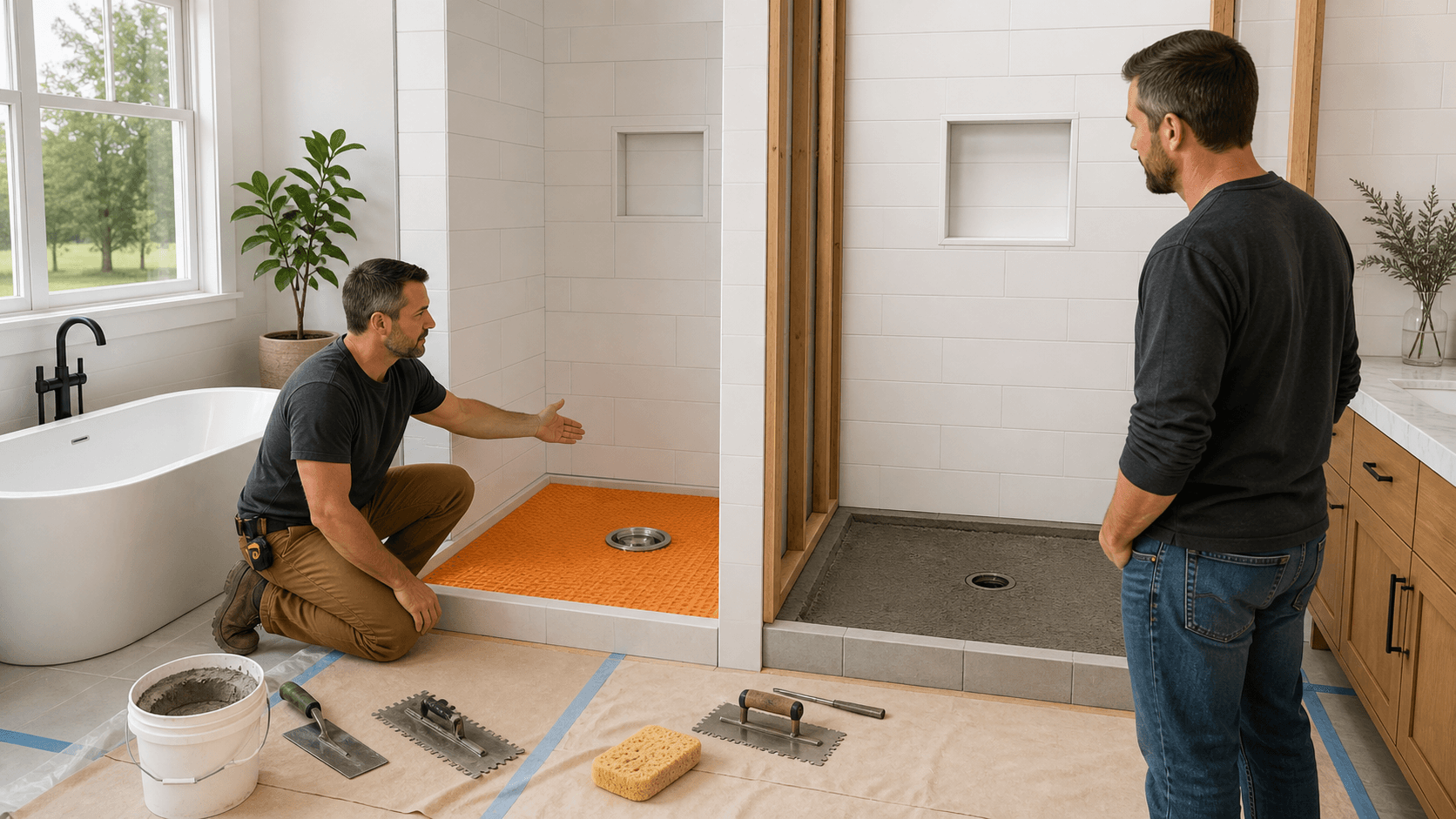 Split-view shower floor with orange waterproof membrane beside a gray traditional mortar pan.