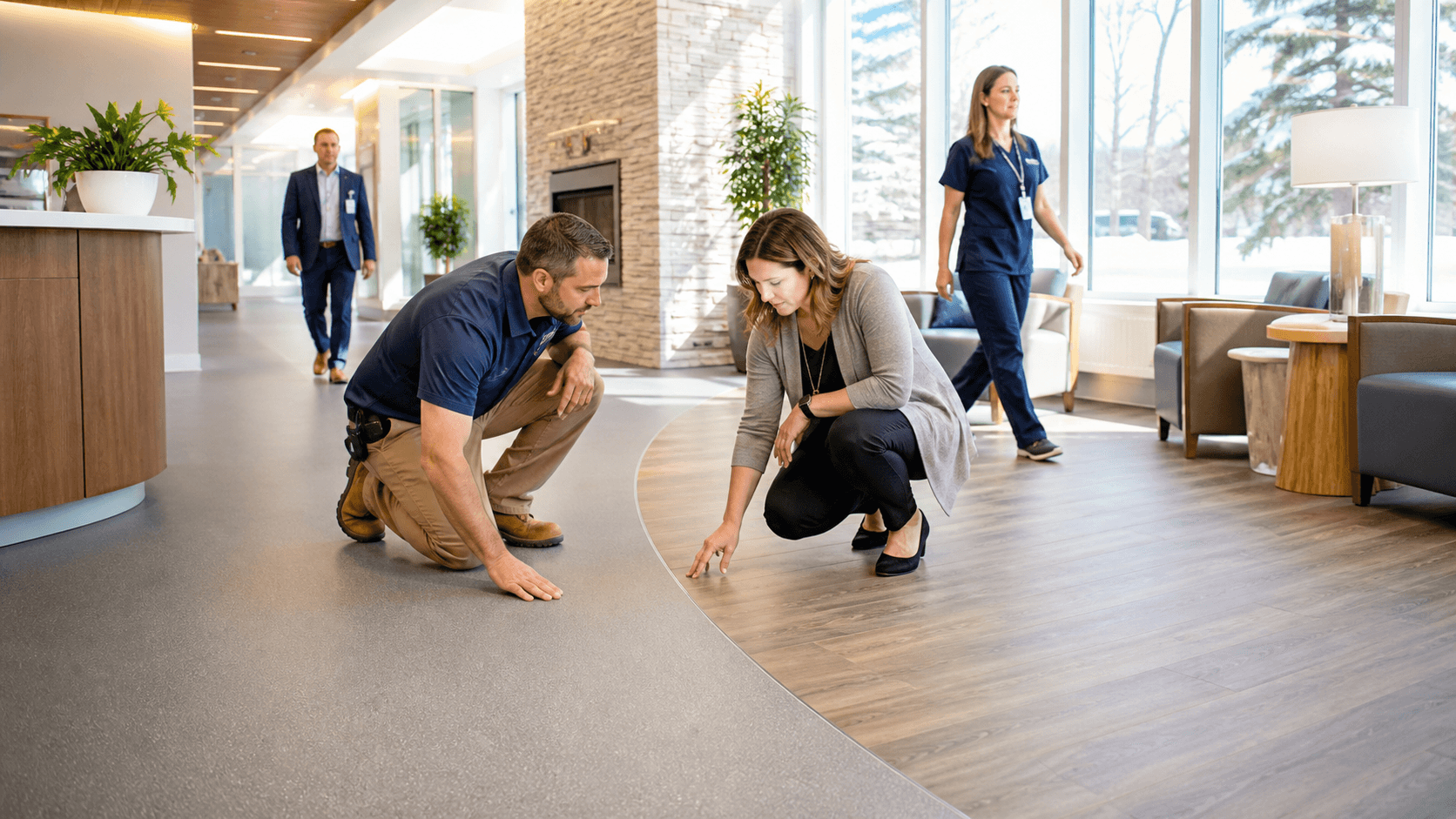 Modern lobby with warm wood accents, gray flooring, and sunlight streaming through large windows.