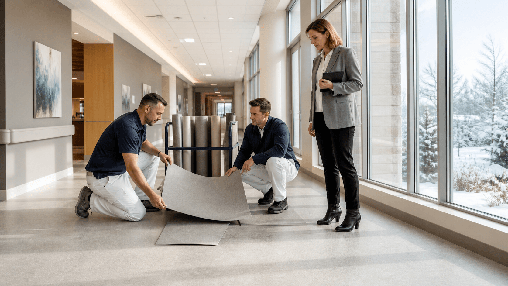 Modern hospital corridor with wood-look flooring, white walls, and bright natural light.