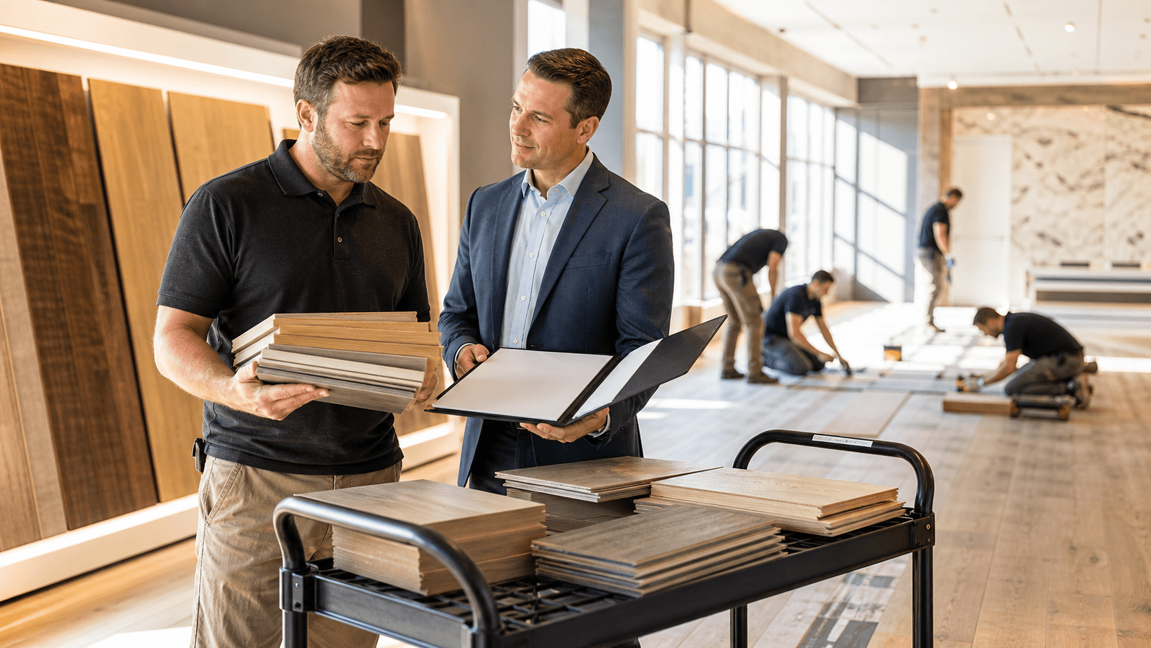 Contractor reviews flooring price sheets beside stacked wood planks in a dimly lit warehouse.