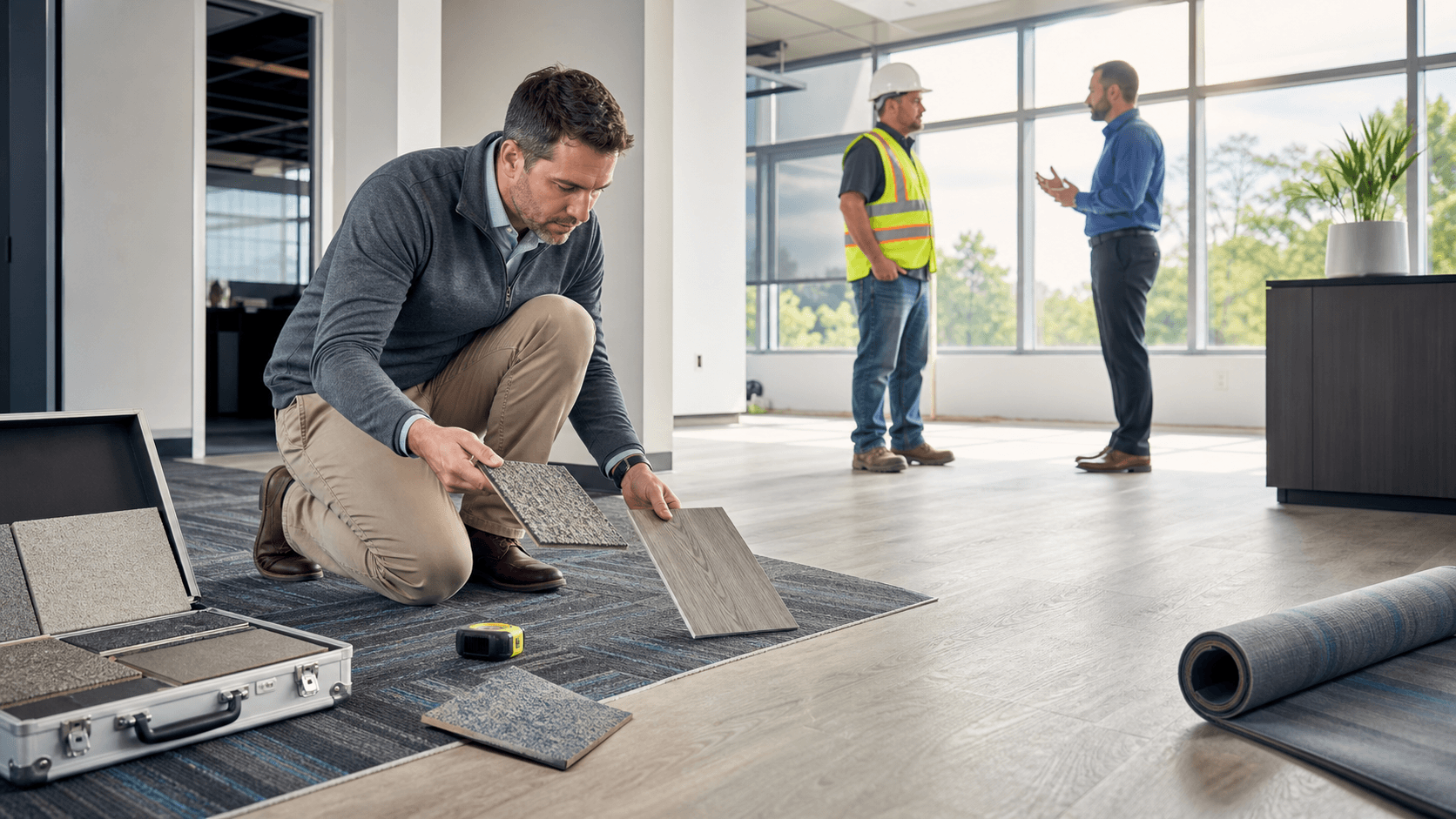 Architect reviewing flooring samples and blueprints on a conference table under bright office lighting.
