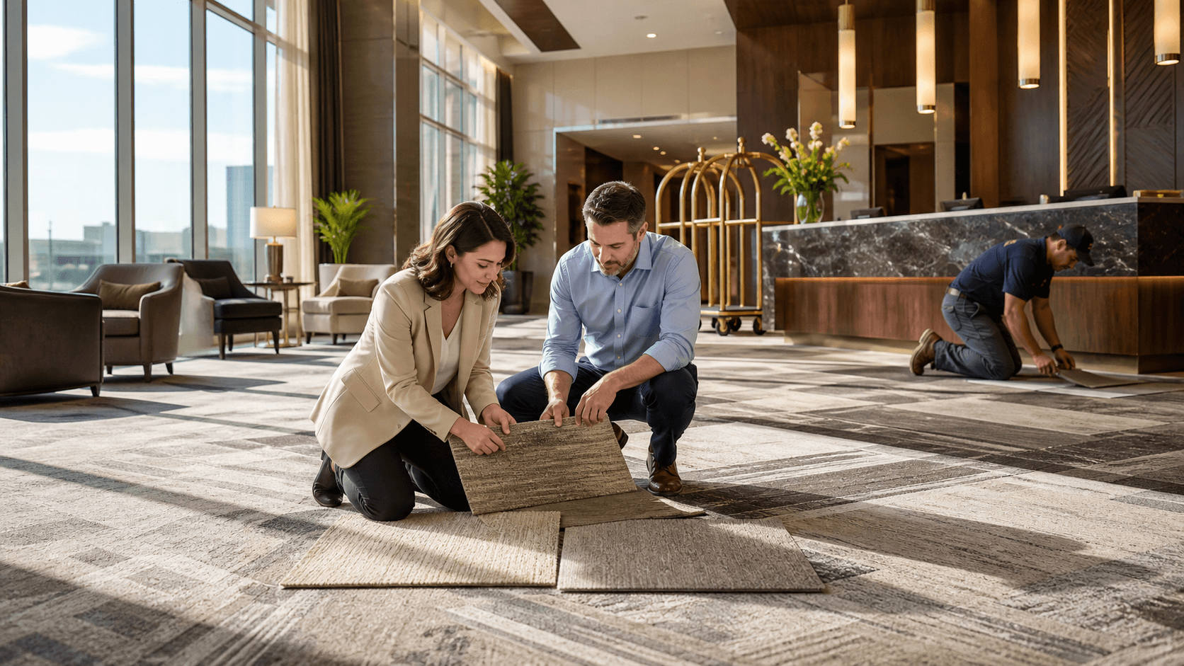 Modern hotel lobby with patterned gray carpet, warm wood accents, and soft pendant lighting.