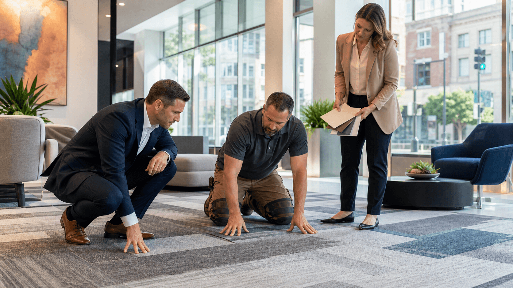 Modern office hallway with gray patterned carpet, glass walls, and warm overhead lighting.