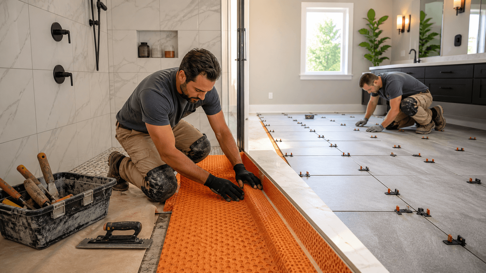 Close-up of orange waterproofing membrane and tile tools on a bright, unfinished bathroom floor.