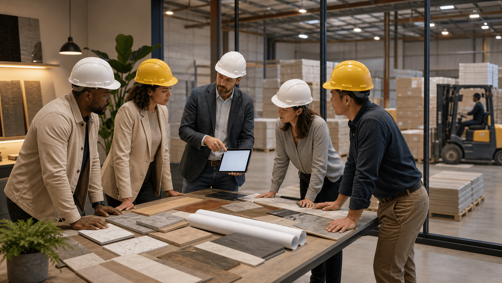 Blue-toned construction office scene with a floor plan, laptop, and hard hat on a bright desk, top-down view