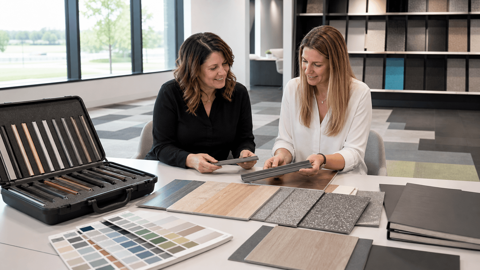 Architect reviewing flooring sample boards and specification documents on a desk with blueprints and a computer.